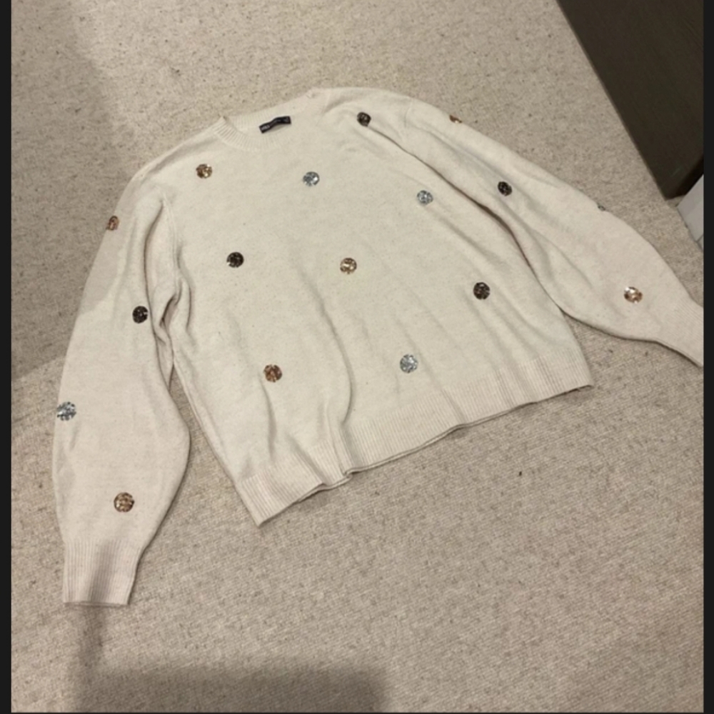 Topshop Cream Sweater with Metallic Sequin Polka Dots